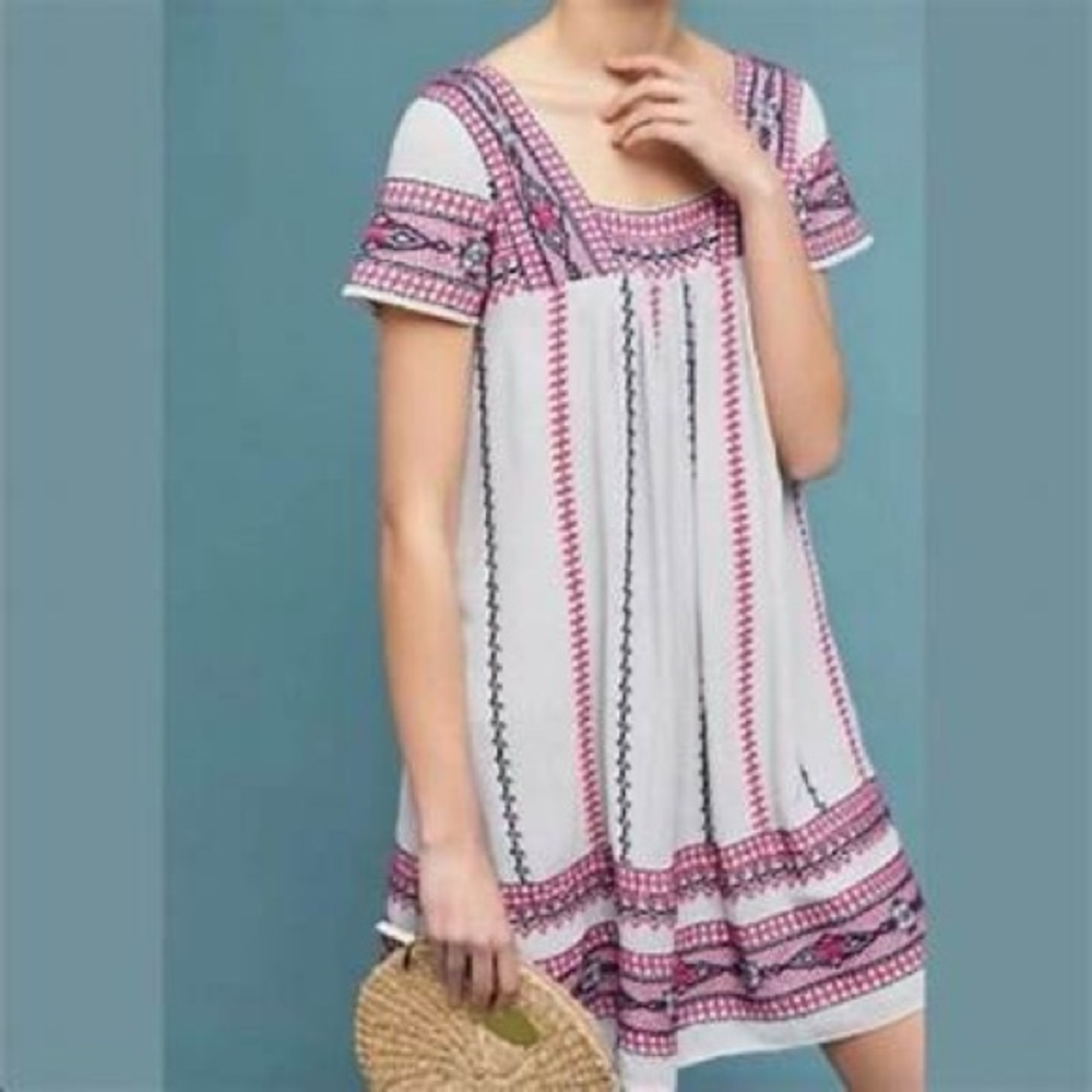 Maeve Embroidered Swing Dress with Pink & Navy Accents